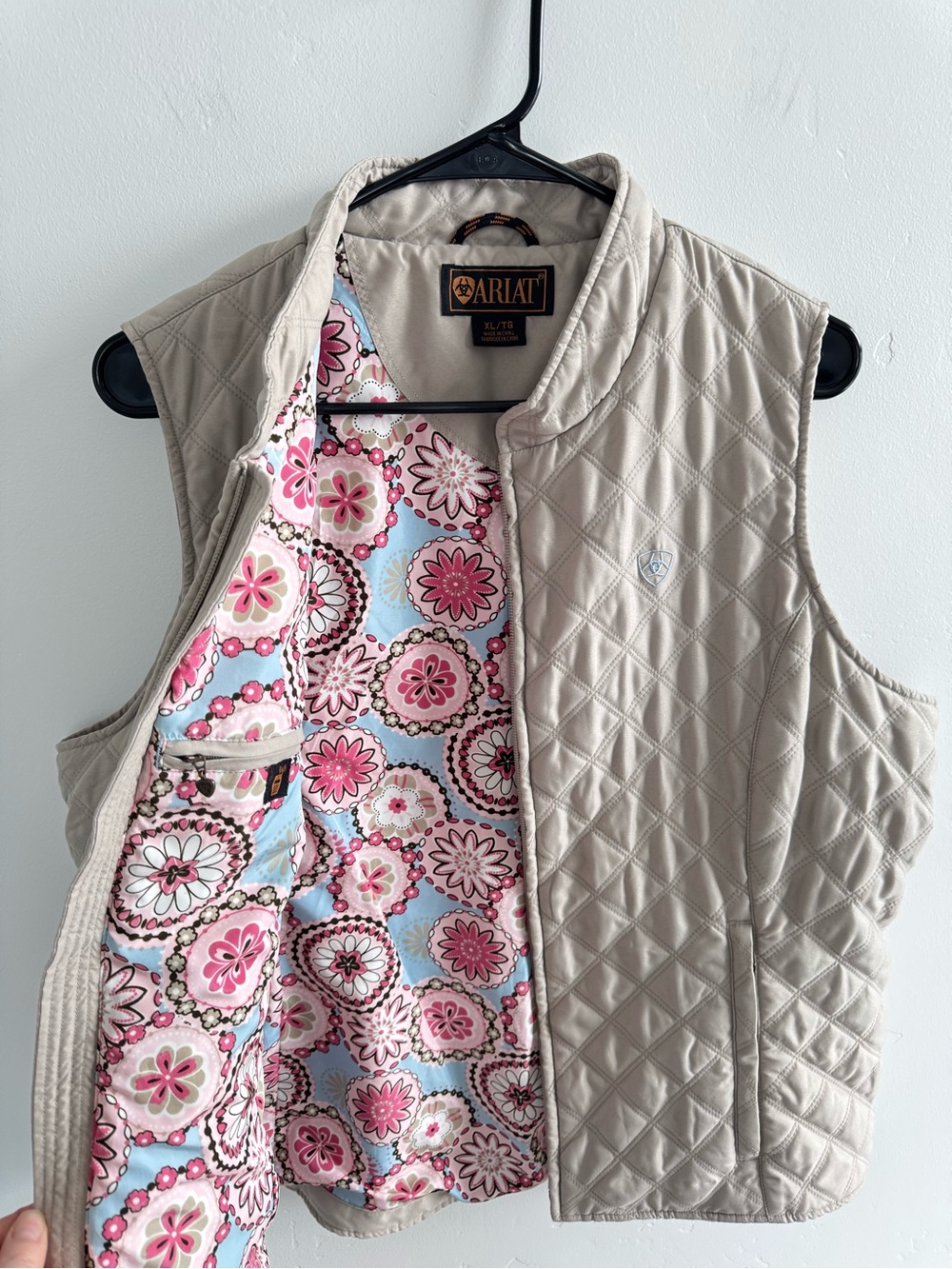 Ariat Quilted Zip Front Vest Tan Beige, Floral Lining - XL - Equestrian Western